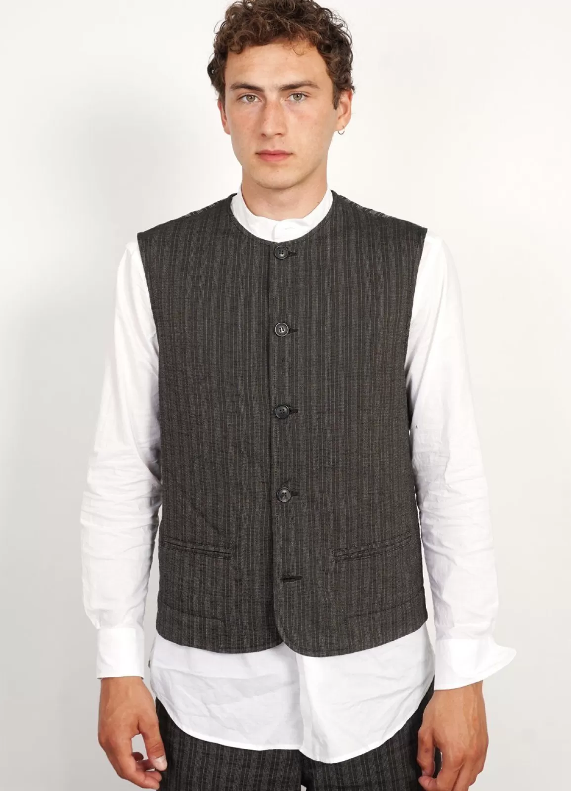 Shop Ben | Crewneck Waistcoat | Taupe Stripes Waistcoats