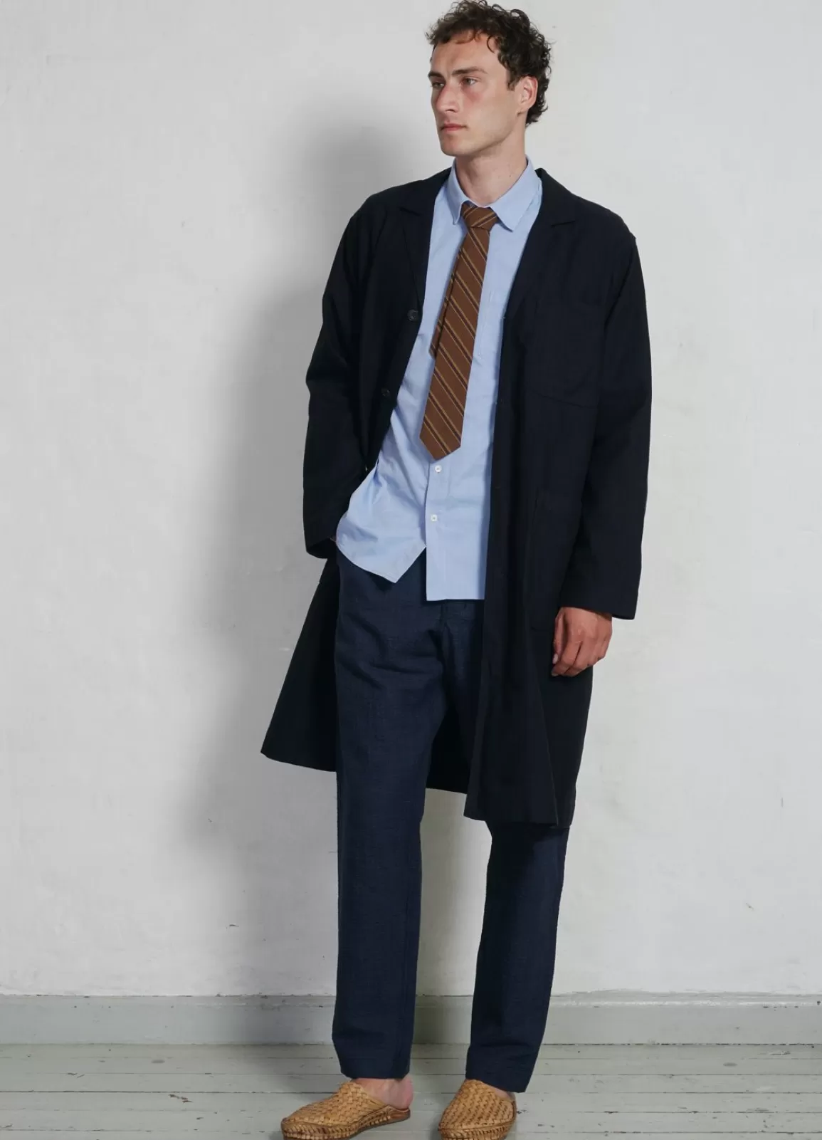 Discount Birger | Long Work Coat | Indigo Herringbone Jacket & Coats