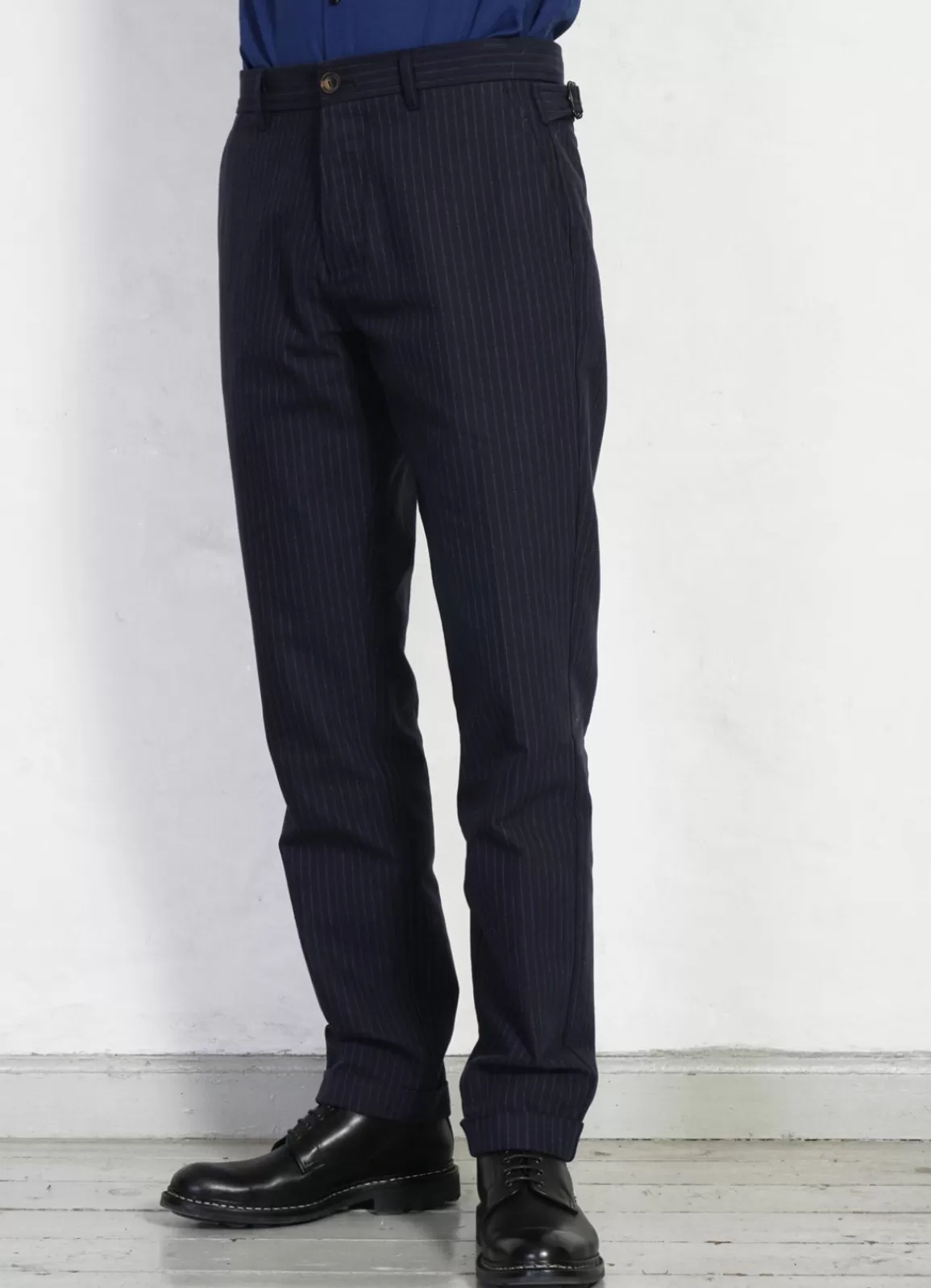 Shop Finn | Side Buckle Regular Trousers | Blue Pin Suiting