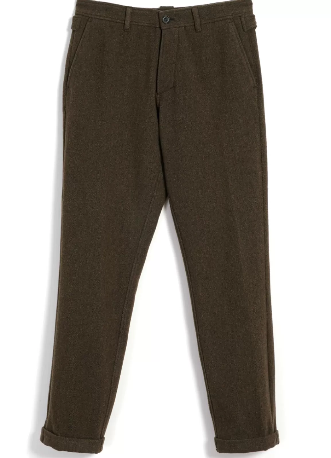 Outlet Finn | Side Buckle Regular Trousers | Brown Herringbone Suiting