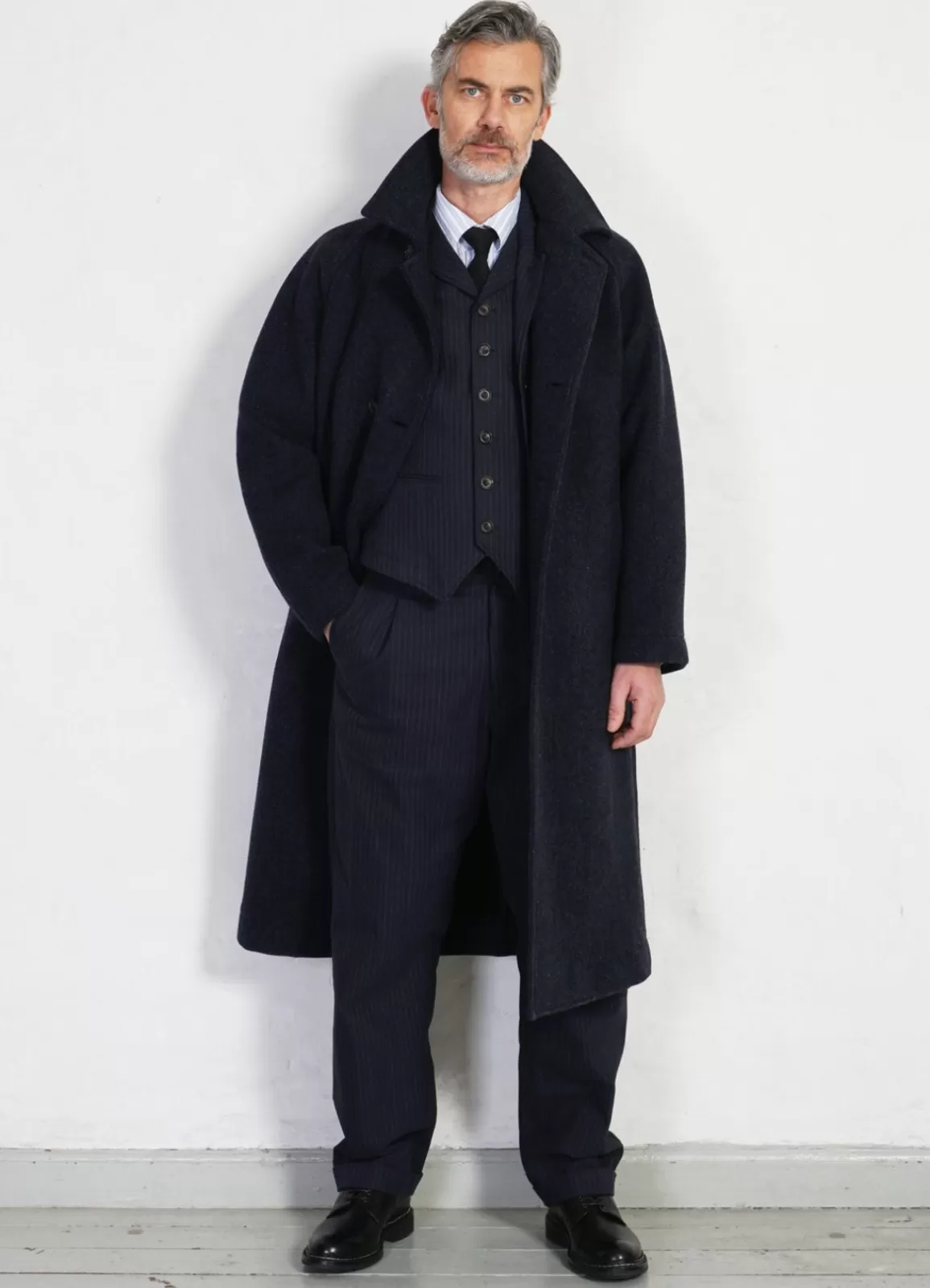 Outlet Sigfred | Long Double Face Wool Coat | Blue Herringbone Jacket & Coats